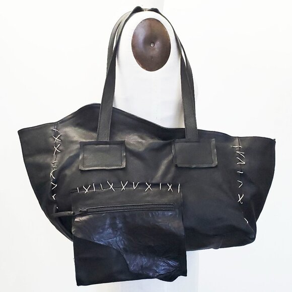 PAPUCEI Womens Black Leather Bag Tote Satchel Contrast Stitching